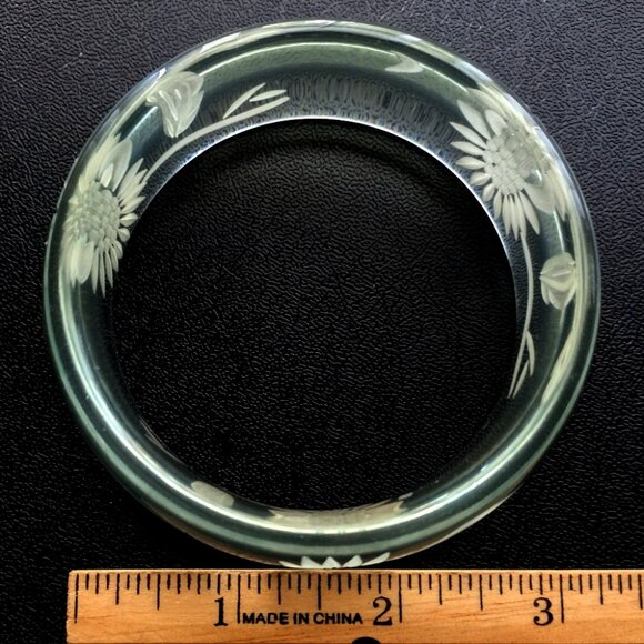 Vintage Clear Lucite Bangle Bracelet Aquamarine Tint Reverse Carved Acrylic - Picture 7 of 9
